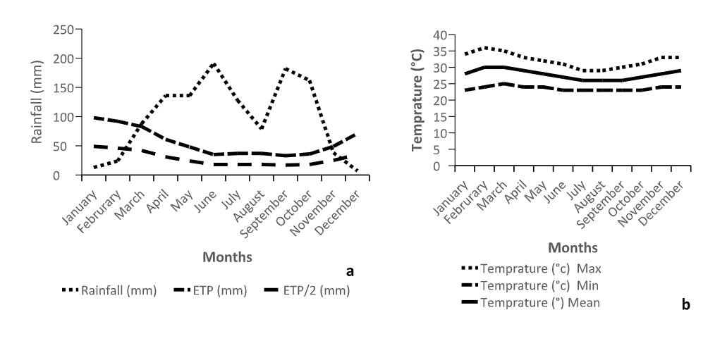 <strong>Figure 1</strong> Evolution of the climatic conditions of the study area between 2000
and 2011 (a) rainfall and (b) temperature